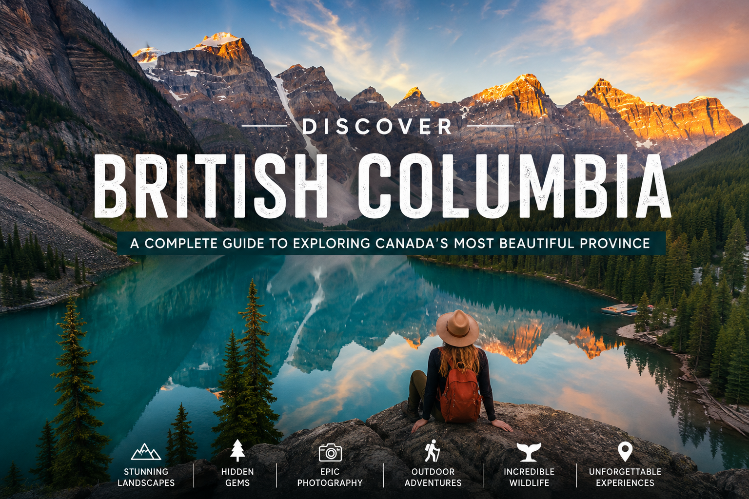 Discover British Columbia travel guide featuring a turquoise mountain lake, Rocky Mountains, forests, hiking, photography, wildlife, and outdoor adventures in Canada.
